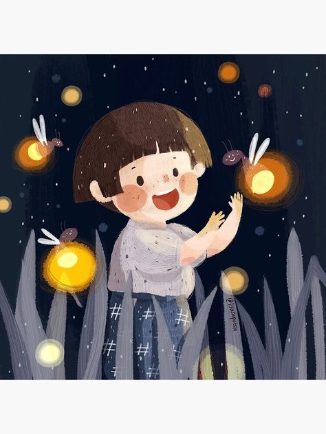 "Fireflies in the summer night" Canvas Print by lisasaputra | Redbubble Grave Of The Fireflies, Night Illustration, Watercolor Art Lessons, Summer Night, Miyazaki, Colorful Drawings, Anime Scenery, Graphic Design Posters, Children Illustration