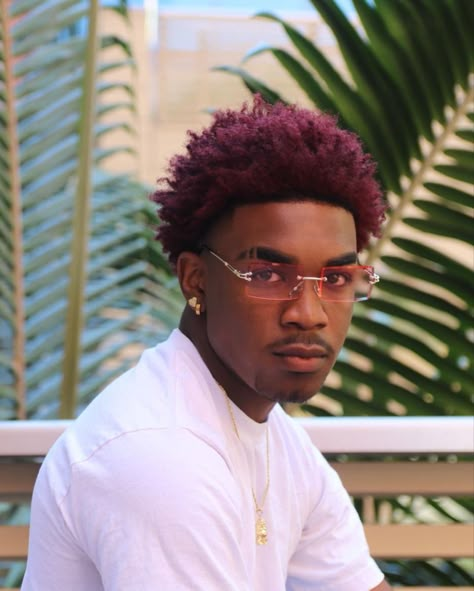 Burgundy Hair Men, Black Men Hair Dye Ideas, Black Men Hair Colour, Afro Hair Dye, Bold Highlights, Afro Hairstyles Men, Blood Wallpaper, Black Hair Cuts, Dyed Hair Men