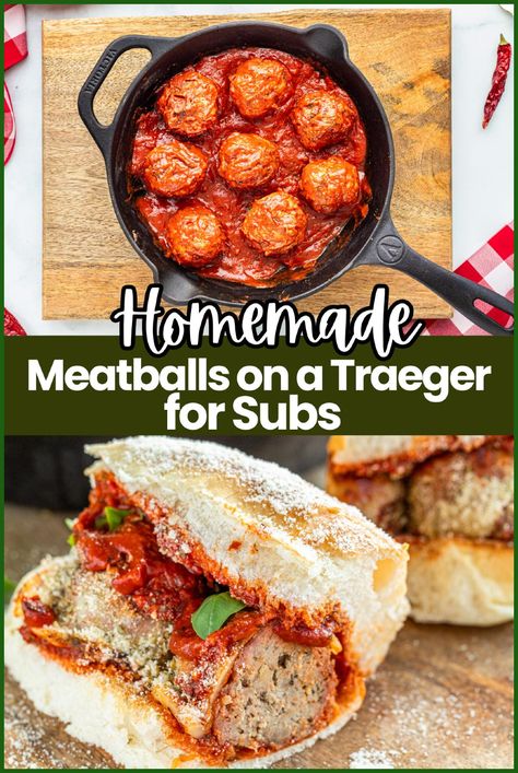 These homemade meatball subs are the perfect meal for dinner or a party. Juicy meatballs are simmered in marinara sauce, topped with melted cheese, and served on toasted sub rolls. Whether you're making them on the stovetop or a Traeger grill, this recipe is quick and delicious. Perfect for kids and adults alike, these meatball sandwiches will be a hit at your next BBQ or family meal. Tap to see the recipe for the best meatball subs! Homemade Meatball Subs, Meatballs Subs, Meatball Appetizers, Homemade Meatballs Easy, Meatball Sub Recipe, Meatball Sandwiches, Spicy Meatball, Meal For Dinner, Juicy Meatballs