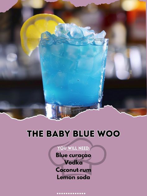 🍼 Experience the Baby Blue Woo, a cocktail that’s as fun as it sounds! #FunDrinks The Baby Blue Woo Ingredients: Blue curaçao (1 oz) Vodka (1 oz) Coconut rum (1/2 oz) Lemon soda (to top) Instructions: Pour blue curaçao, vodka, and rum into a glass over ice. Top with lemon soda. 👶💙 Dive into the playful flavors of The Baby Blue Woo, a cocktail that promises a good time! #BabyBlueWoo Ultimate Cookie Recipe, Lemon Soda, Culinary Techniques, Yummy Alcoholic Drinks, Fresh Baked Cookies, Liquor Drinks, Easy Sugar Cookies, Cocktail Ingredients, Blue Curacao