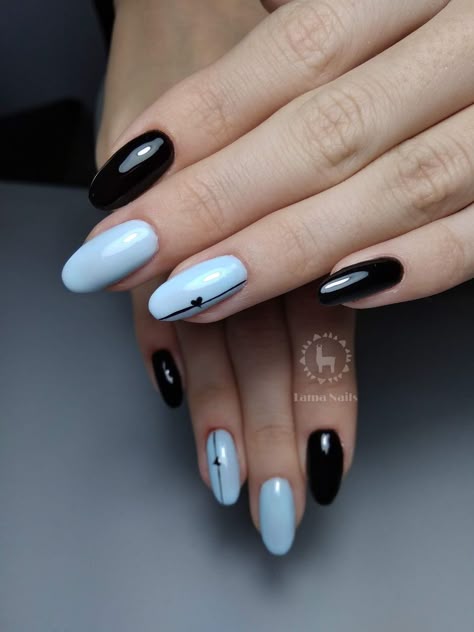 Simple Black And Blue Nails, Light Blue Nails With Black Design, Black And Blue Wedding Nails, Blue And Black Nails Designs Simple, Black Blue Nail Designs, Nail Designs Blue And Black, Mxtx Nails, Nail Ideas Blue And Black, Blue Heart Nail Designs