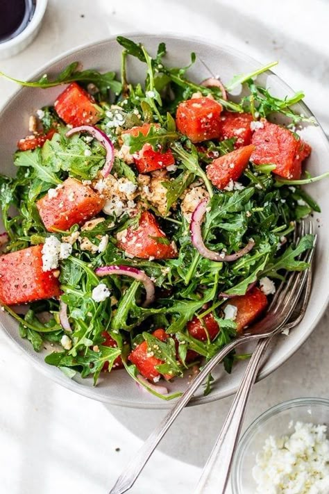 Watermelon Arugula and Feta Salad is a refreshing summer salad, I love the saltiness of the feta paired with sweet watermelon and peppery arugula! #watermelon #summer #salad #sidedish Watermelon Feta Salad Balsamic, Watermelon Arugula Salad, Watermelon Feta Salad, Watermelon Summer, Watermelon And Feta, Sweet Watermelon, Watermelon Salad, Feta Salad, Watermelon Recipes