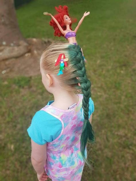 For crazy hair day at school. Leave out the barbie and just have a mermaid tail! Crazy Hair Ideas, Crazy Hair For Kids, Crazy Hair Day Ideas, Bentuk Alis, Wacky Hair Day, Girl Hair Dos, Kid Hair, Homecoming Hairstyles For Medium Length, Wacky Hair Days