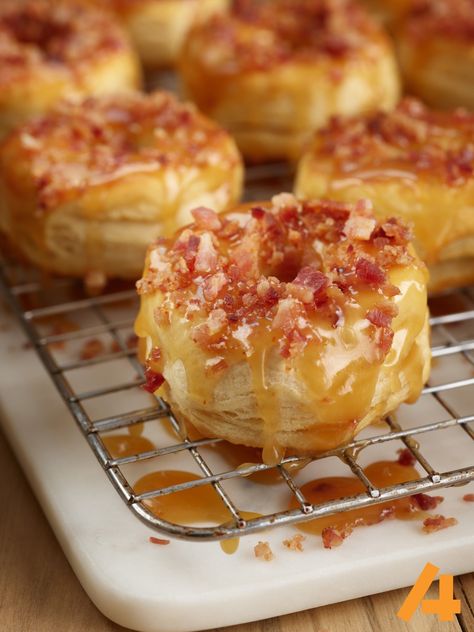 Skip the hassle of frying donuts in hot grease and opt for this easy recipe—fluffy, air fried donuts dipped in a buttery caramel glaze topped with thick cut ... Air Fried Bacon, Air Fry Donuts, Air Fry Bacon, Bacon Biscuits, Air Fryer Donuts, Ham Steak, Fried Bacon, Bacon Donut, Fried Donuts