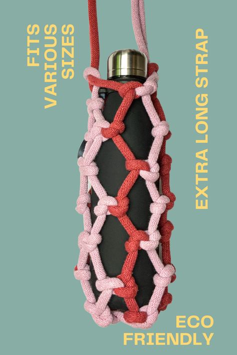 Handmade Water Bottle carrier knotted in chunky cotton cord Macrame Bottle Holder, Macrame Bottle, Water Bottle Holder, Reusable Bottle, Plastic Pollution, Macrame Bag, Water Bottle Holders, Drink Holder, Bottle Holder