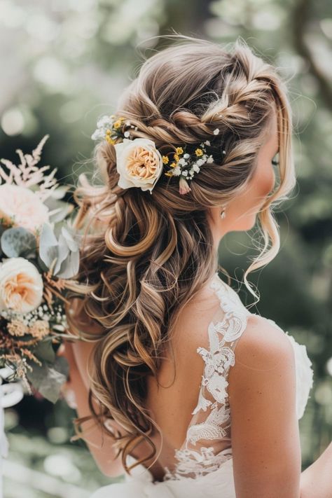 Find the perfect bridal hairstyle for your wedding day with our inspiring collection of 65 hair ideas. Whether you’re going for a classic, bohemian, or contemporary look, we have something for every bride. Tap the link for more style inspiration! Bride Hairstyle With Flowers, Bride Hairpiece, Brides Hairstyle, Country Wedding Hairstyles, Flowers Bridal Hair, Aesthetic Royal, Royal Hairstyles, Sleek Braided Ponytail, Leaf Headpiece