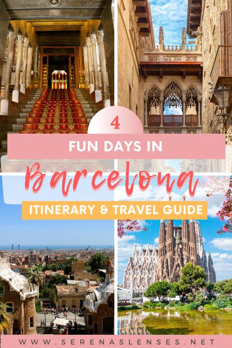 Pinterest pin of 4 fun days in Barcelona itinerary and travel guide. It has 4 photos of Barcelona, with Palace Guell, Gothic Quarter, Parc Guell and Sagrada Familia. These Barcelona photos show you the highlights of Barcelona and where to go and where to eat in this beautiful Spanish city. Barcelona Spain Itinerary, Barcelona Where To Stay, Best Cities In Spain, Barcelona Itinerary, Things To Do In Barcelona, To Do In Barcelona, Relaxing Beach, Europe Holidays, Road Trip Europe