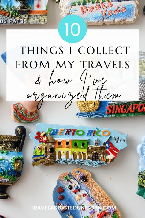 Travelling Souvenirs Display, Small Souvenir Ideas, Souvenir Shelf Ideas, Displaying Magnets Collection, Traveling Souvenirs Ideas, Souvenir Pin Display Ideas, Souvenir Pins Display, What To Collect When Traveling, Travel Ornament Display