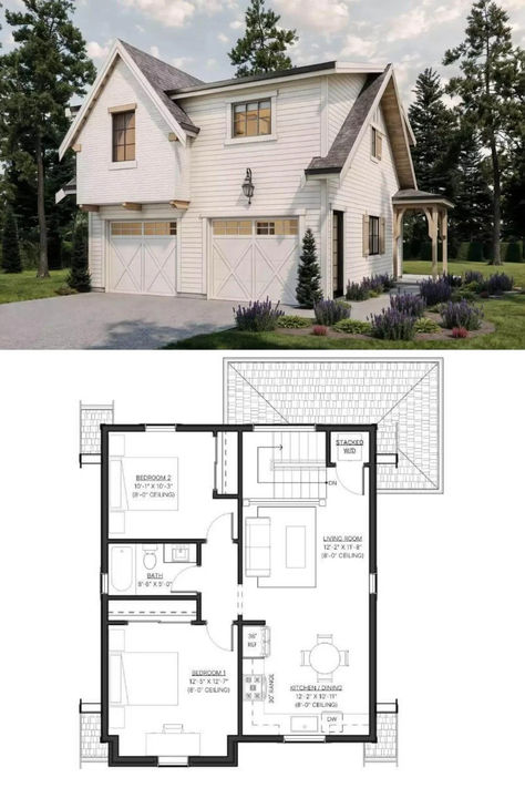 Cottage-Style 2-Bedroom Allenwood ADU with Covered Patio and Double Garage (Floor Plan) Adu With Garage, Garage With Adu, Adu Plans, Mansion Floor Plan, Garage Floor Plans, Wrap Around Porch, Floor Layout, Double Garage, Garage Floor