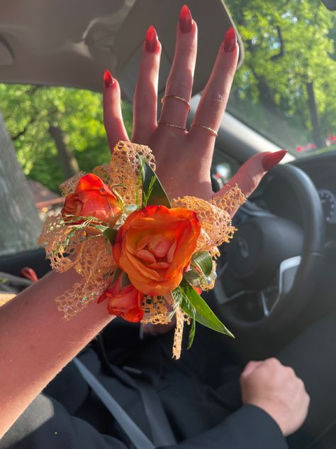 Orange Corsage, roses Bright Orange Corsage, Orange And White Corsage, Prom Bouquet Ideas Orange, Orange Hoco Flowers, Prom Nails Orange Dress, Orange Bouquet Prom, Orange Prom Corsage, Orange Prom Flowers, Orange Corsage And Boutonniere