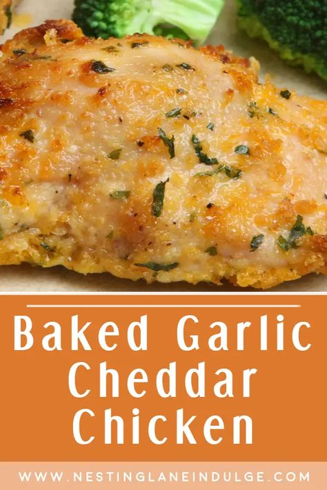 Baked Garlic Cheddar Chicken recipe. With a perfectly seasoned and cheesy exterior, each tender boneless, skinless chicken breast is coated in a savory blend of minced garlic, sharp cheddar cheese, and crispy breadcrumbs. Once baked to juicy perfection, this flavorful meal is sure to satisfy even the pickiest eaters. Serve alongside your favorite sides and enjoy a comforting and tasty dinner that's both quick and easy to make. Cheesy Garlic Baked Chicken, Baked Chicken Cheese Recipes, Baked Cheddar Chicken, Garlic Cheddar Chicken Bake, Garlic Butter Cheddar Chicken, Baked Chicken Recipes Cheese, Recipes For Dinner Chicken Breast, Baked Garlic Cheddar Chicken, Boneless Skinless Chicken Strip Recipes