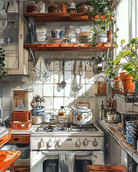 Wallpaper Cozinha, Korean Kitchen Aesthetic, Photowall Ideas, 귀여운 음식 그림, Cocoppa Wallpaper, Dreamy Artwork, Japon Illustration, Ghibli Art, Cool Wallpapers Art