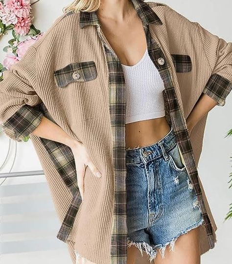 SHEWIN Womens Waffle Knit Plaid Shacket Boyfriend Button Down Shirt Jacket Loose Long Sleeve Tops https://a.co/d/frJMYBT #fashion Knit Plaid, Dress Purse, 90s Fashion Grunge, Plaid Shacket, Patch Work Blouse, Romper And Jacket, Loose Long Sleeve, Hem Blouse, Irregular Hem