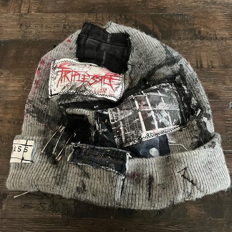 🌐TRIPLE3RD🌐 •+AngelicTimes02+• {SOLD} Custom Upcycled 1/1 Beanie Scrap patchwork all over this hat with graphic patches from: Ichi the Killer, our new logo, Psycho Pass, & a 35mm snapshot I took. Metallic & black, white, red paint detailing. Triple gunmetal studs fixed on Kakihara patch. Pins added for security. Scrap leather patch at backside. Handmade tag🏷️ All orders come with stickers and care instructions! Tag me if you take any pics❤️‍🔥 Dm to tap into custom work🫡 ___________________... Alternative Fashion Diy, Ichi The Killer, Scrap Patchwork, Hats Style, Medieval Tattoo, Handmade Patch, Fits Aesthetic, Hat Ideas, Upcycled Fashion