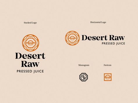 Desert Raw Logo System by Amy Hood for Hoodzpah on Dribbble | The logo system at a glance for Desert Raw Pressed Juice. ⁠Featuring stacked logo for the bottles which are tall and narrow, a horizontal orientation for web use, and a monogram to use on the bottle caps of the juices. And what logo system is complete without a custom favicon?! ⁠| eastern hoodzpah jewel logo logo system sunset Desert Words, Event Design Branding, Desert Logo, Logo System, Logo Design Presentation, Jewel Logo, Fun Deserts, City Logo, Logo Design Art