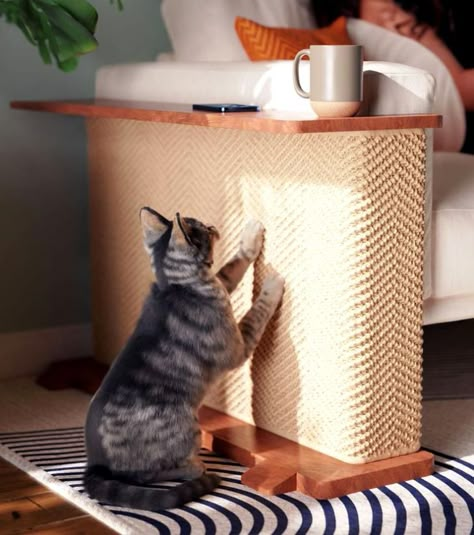 This is more than just a scratching post. Read on to find out how the Cat-e-Corner is redefining cat furniture. Cat Room Interior Design, Cat Scratcher Side Table, Protect Sofa From Cat, Cat Sofa Protector, Cats Living Room, Small Space Cat Litter Ideas, Cat Scratcher Couch Corner, Cat Furniture Protectors, Cat Shelves Above Couch