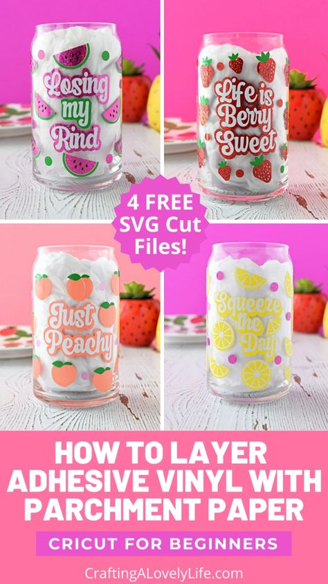 Cricut Beer Glasses Diy, Layering Vinyl With Parchment Paper, Drink Glass Design, How To Make Glass Cups With Cricut, Things To Put Vinyl On, Cricut Layered Vinyl Projects, Cricut Names On Cups, Cricut Personalized Cups, Cricut Vinyl Glass Cups