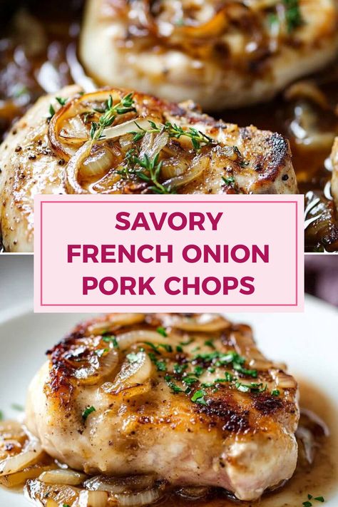 This pin features inviting French onion pork chops with creamy sauce in two images. Perfect for cozy dinners, the flavors will have everyone craving seconds! Pork Loin Centre Chops Recipe, Instapot Pork Chops, Center Cut Pork Chop Recipes, Thick Pork Chop Recipe, Baked Pork Loin Chops, Pork Loin Chops Recipes, Onion Pork Chops, Baked Pork Loin, French Onion Pork Chops