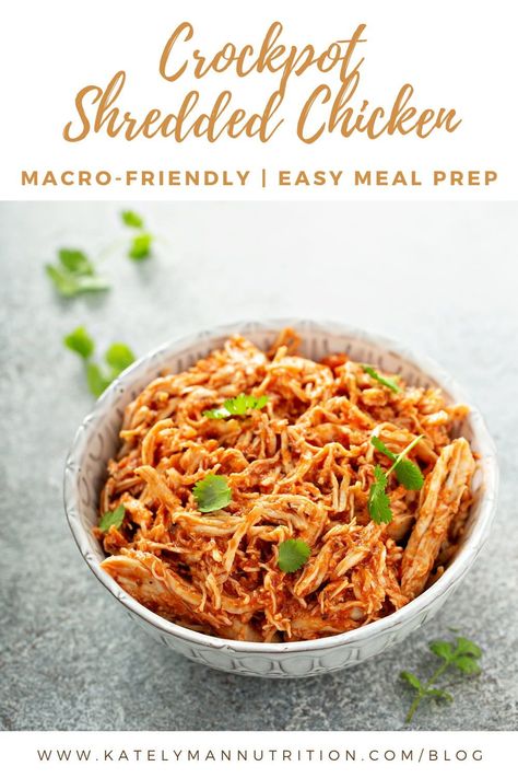 Shredded Chicken Buddha Bowl, Macro Chicken Crockpot Recipes, Macro Crockpot Chicken, Macro Friendly Baking Recipes, Macro Friendly Meal Prep Crockpot, Macro Friendly Chicken Tacos, Macro Friendly Chicken Crockpot Recipes, Macro Friendly Shredded Chicken Recipes, Crockpot Recipes Macro Friendly