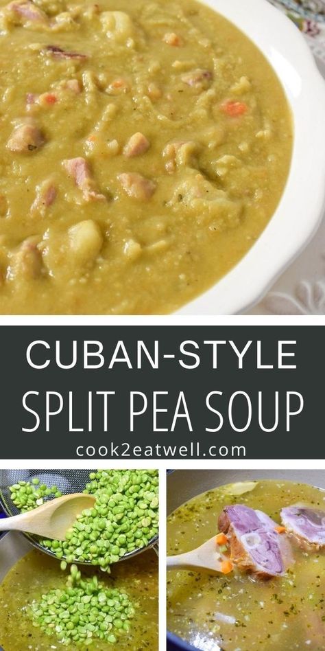 This Cuban style split pea soup is called sopa de chicharos, potaje de chicharos, or simply chicharos in Spanish. It’s a thick soup that’s loaded with split peas, vegetables and smoked pork. It makes a hearty, nutritious and affordable meal. Cuban Chicharo Recipe, Thick Soup, Cuban Dishes, Pea And Ham Soup, Split Peas, Cuban Cuisine, Cuban Style, Split Pea Soup, Pea Recipes