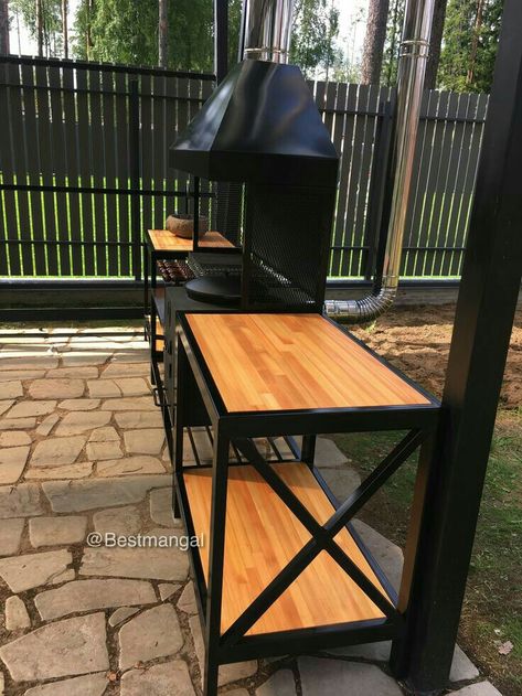 Bbq Grill Design Outdoor, Grill Design Outdoor, Wood Grill Table, Outdoor Wood Burner, Backyard Bbq Grill, Outdoor Fire Pit Seating, Wood Pallet Planters, Iron Furniture Design, Welded Furniture