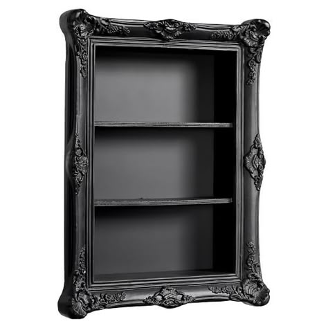 Goth Shelves, Wall Shelves Black, Gothic Picture Frame, Tattoo Studio Ideas, Tattoo Shop Decor, Tattoo Room, Tattoo Studio Interior, Diy Gothic, Black Bookcase