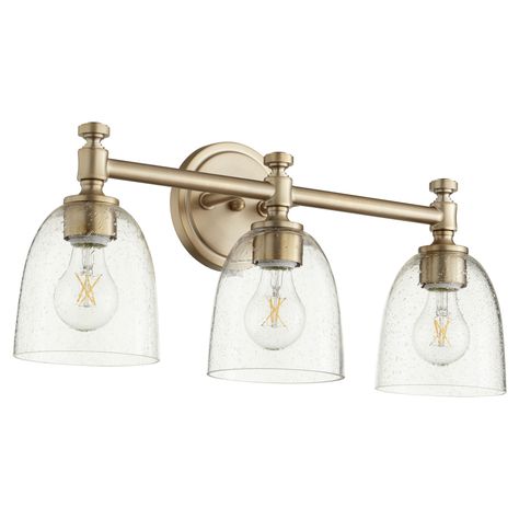 Quorum International Rossington Aged Brass With Clear 22 Inch Three Light Bath Vanity 5122 3 280 | Bellacor Brass Bathroom Lighting, Brass Vanity Light, Quorum Lighting, Traditional Bathroom Vanity, Glass Vanity, Vanity Lights, Bath Vanity Lighting, Bath Light, Wall Fixtures