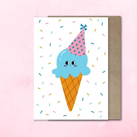 This printable birthday card is the perfect gift for any ice cream lover! The sweet, girlie ice cream cone is both fun and festive. Digitial download PDF allows for easy at home printing with unlimited number of copies once printed. Printable Ice Cream, Birthday Ice Cream, Birthday Card Digital, Happy Birthday Gift, Sweet Birthday, Ice Cream Birthday, Quick Crafts, Birthday Card Printable, Ice Cream Truck