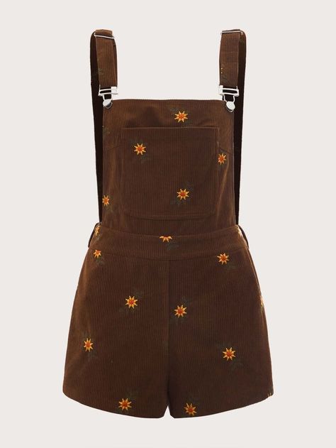 Pinafores For Women, Cute Vintage Clothes, Courdory Overalls, Sunflower Overalls, Brown Overalls, Floral Overalls, Overall Romper, Corduroy Overall, Embroidered Corduroy