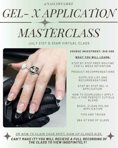 time for another gel-x class! elevate your services as a nail tech by offering gel-x! this class is for everyone! you do NOT have to be a nail tech. spots are limited! DM me to claim yours🫶🏻 class is virtual, via zoom. July 21st, 9:30 AM AZ time class will be recorded and sent to the group in case you can’t make it! you will be able to view the recording indefinitely! this class will cover: STEP BY STEP PREP ROUTINE FOR 4+ WEEK RETENTION PRODUCT RECOMMENDATIONS SUPPLIES LIST AND RECOMMEN... Beauty Academy, Supply List, For Everyone, Nail Tech, Gel Nails, Nails