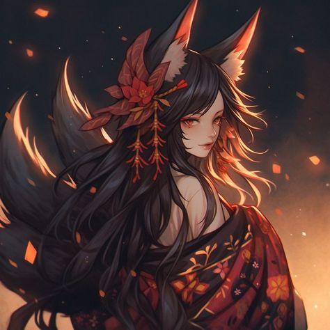 Kitsune Art Fantasy Foxes, Kitsune Female Art, Anime Fox Woman, Kitsune Girl Art, Anime Kitsune Female, Kitsune Dnd, Kitsune Pfp, Kitsune Character Design, Kitsune Female