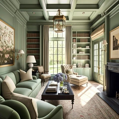 JRL Interiors — Ways to decorate using green Living Room Designs With Library, Sage Library Room, Green Coffered Ceiling, Green Office Room Ideas, Sage Sunroom, Sage Green Library Room, Olive Green Library, Sherwin Williams Green Living Room, Sage Green Sunroom