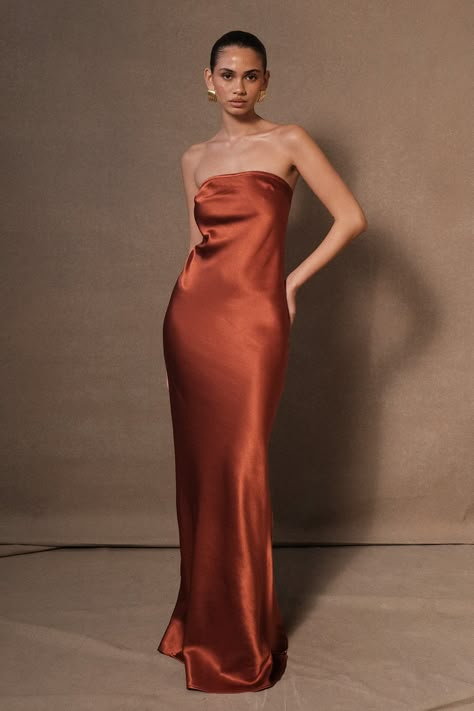 Claudette Strapless Satin Maxi Dress - Burnt Orange Deep Orange Bridesmaid Dresses, Neutral Dresses Formal, Burnt Orange Bridesmaid Dresses Satin, Burnt Orange Clothes, Satin Orange Dress, Burnt Orange Satin Dress, Yacht Party Dress, Burnt Orange Gown, Stained Dress