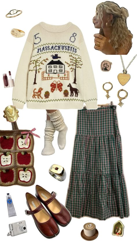 autumn outfit Cute Cosy Winter Outfits, Low 60s Weather Outfit, 90s Cozy Outfits, Cozy Cottagecore Outfit, Outfits For The Ballet, Winter Outfits Cottagecore, Winter Whimsical Outfit, Nora Ephron Aesthetic Outfits, Funky Vintage Outfits