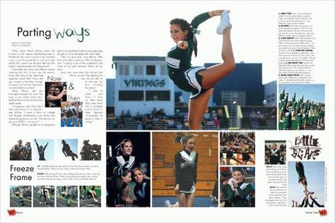 I could use a spread like this for a sports page... If only weightlifting was as interestting... #semiyb #nov Cheer Spreads Yearbook, Cheerleading Yearbook Page, Cheer Yearbook Page, Cheer Yearbook Spread, Sports Yearbook, Yearbook Sports Spreads, Yearbook Mods, Sports Layout, Yearbook Design Layout