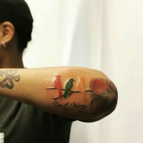 Three little birds -Bob Marley Grenada Tattoo Ideas, Jamaica Tattoo Ideas Men, One Love Tattoo Bob Marley, Grenada Tattoo, Jamaican Tattoo Ideas For Men, Three Little Birds Tattoo Bob Marley, 3 Little Birds Tattoo Bob Marley, Bob Marley Tattoo Ideas, Jamaica Tattoo Ideas