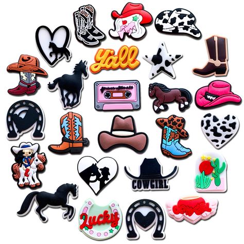 Cow Print Roller Skates, Cow Croc Charms, Western Croc Charms, Cowgirl Keychains, Cute Western Keychains, Croc Jibbitz Ideas, Croc Pins, Cowgirl Decorations, Horse Decorations