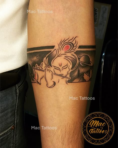 #lordkrishna armband custom design and inked at @mac_tattoos_original #hauzkhas For appointments do call or what’s app us on : +91 8851 012 863 +91 7042 130 654 Thanks for looking 😊 #lordkrishnatattoo #radhakrishna #krishanji #besttattooshopindelhi #besttattoostudioindelhi Radhakrishna Tattoo, Krishna Tattoo Design For Men, Krishna Tattoo Design, Krishna Tattoo, Band Tattoo Designs, Boy Tattoos, Heart With Wings, Band Tattoo, Forearm Tattoo