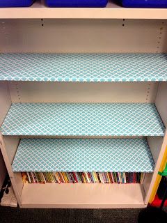 Contact paper can give new life to old furniture! Works on metal shelves, too. Contact Paper Bookshelf, Rustic Classroom Decor, Cheap Stores, Future School, Fun Furniture, Old Metal, Classroom Furniture, Metal Shelf, Diy Garden Furniture