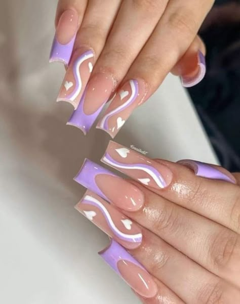 Valentine Nails Purple, Lavender Valentines Nails, French Tip Nails With Swirls, Lavender And White Nails, Purple Valentines Nails, Purple Valentines Day Nails, Fun Purple Nails, Nails With Swirls, Prom Nails Pink