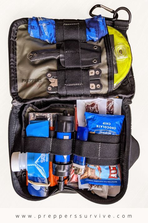 A collection of emergency gear, including food, water filer, lighter and matches, tools, lantern, mylar blanket. Survival Kit with 22 survival gear items. Blanket Survival, Urban Survival Kit, Prepper Supplies, Prepper Gear, Emergency Preparedness Kit, Survival Supplies, Urban Survival, Trip Essentials, Prepper Survival