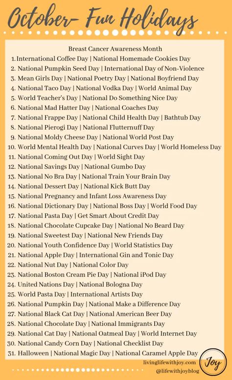 2019 Fun National Holidays | Living Life With Joy National Days In October, National Celebration Days, National Holiday Calendar, Fun Calendar, Funny Holidays, National Poetry Day, Silly Holidays, National Boyfriend Day, Monthly Celebration