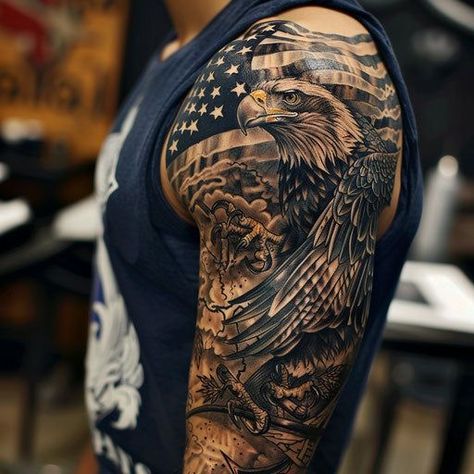 American Flag With Eagle Tattoo, Western Full Sleeve Tattoo, Men’s Traditional Arm Sleeve, Mens Sleeve Tattoo Ideas Family, Men’s Half Sleeve Tattoo Upper Arm, Cool Tattoo Sleeve Men, Color Tattoos Men, Men’s Family Arm Sleeve Tattoo, Cool Upper Arm Tattoos