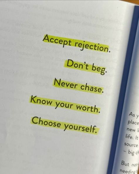 Bookbins | Bookstore | Book Reviewer on Instagram: "Accept rejection.
Don’t beg.
Never chase.
Know your worth.
Choose yourself.

📕 THINGS NO ONE TAUGHT US ABOUT LOVE ❤️ 

Best book on relationships is here! Checkout @vexking ‘s new book to enrich your relationship with meaningful connections!

📚 Share this post with your friends & follow @bookbins for more! #relationships #vexkingbook #bookbins #books" Chase No One Quotes, Don't Beg For Love Quotes, Dont Beg For Love, Beg For Love, Choose Yourself, Healing Heart Quotes, Know Your Worth, Big Mood, She Quotes