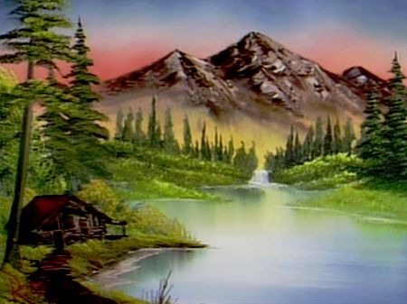 Mountain Retreat - The Joy of Painting S3E1 Wet Painting, Bob Ross Paintings, The Joy Of Painting, Cool Wall Decor, David James, Paint Projects, Mountain Retreat, Bob Ross, Mountain Paintings