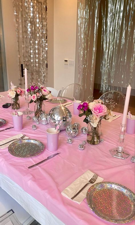 Pink Dance Birthday Party, Nye Party Decorations Pink, Baby Pink And White Birthday Party, Girly Bday Themes, Bday Party Pink Theme, Birthday Dinner Pink Theme, Grad Party Aesthetic Pink, Disco Ball Decor Birthday, Pink Disco Ball Party Decor