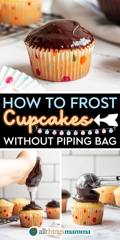 How to Frost Cupcakes Without a Piping Bag social collage graphic Easiest Way To Ice Cupcakes, How To Frost Cupcakes With Store Bought, How To Frost Cupcakes Without Tips, Easiest Way To Frost Cupcakes, No Piping Bag Hack, Icing Cupcakes Without Piping Bag, Frosting Cupcakes With Ziplock Bag, How To Frost Cupcakes With A Ziplock Bag, Easy Way To Frost Cupcakes