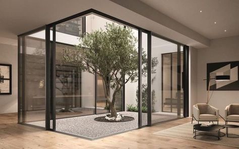 Aluminium Patio Doors, Modern House Design Interior, Atrium Design, Natural Living Room, Courtyard Design, Internal Courtyard, Vintage Interior Design, Interior Design Rustic, Modern Exterior House Designs