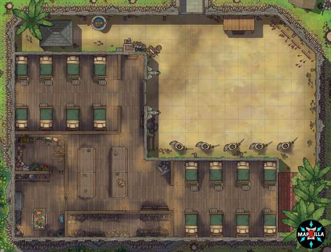 Get instant access to hundreds of battlemaps on our Patreon! #dnd5e #dndmaps #dnd #battlemaps #5e #art #digitalart #dndhomebrew #dndmemes #dungeonsanddragons #criticalrole #fantasyart #fantasy #fantasymap #cartography #worldbuilding #tabletop #ttrpg #rpg #barracks #training ground #beds Barracks Map Dnd, Training Area Fantasy Art, Dnd Training Ground Map, Battlefield Dnd Map, Fantasy Barracks, Training Grounds Fantasy Art, Fantasy Training Grounds, Dnd Battle Maps, Indoor Archery Range