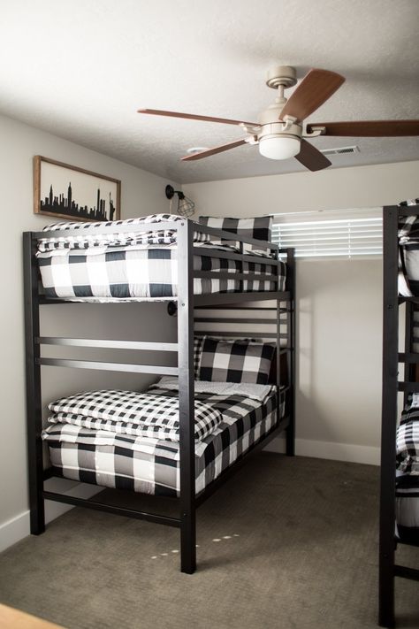 Bunk Bed Sheet Sets, Two Sets Of Bunk Beds In One Room, Buffalo Plaid Bunk Beds, Bunk Bed Duvet, Refurbished Bunk Beds, Comforter For Bunk Beds, How To Style Bunk Beds, Bunk Bed Rug Placement, How To Make A Bunk Bed Look Nice